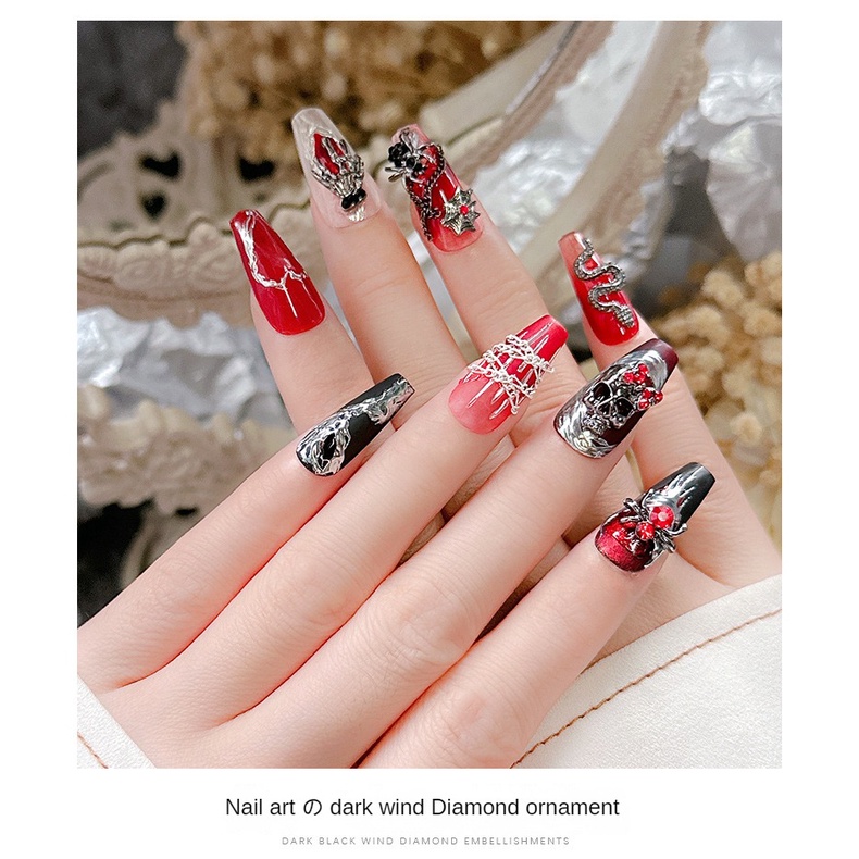 Trang trí nghệ thuật móng tay hình đầu lâu nhện theo phong cách tối / Súng kim loại trang trí móng tay rắn đen