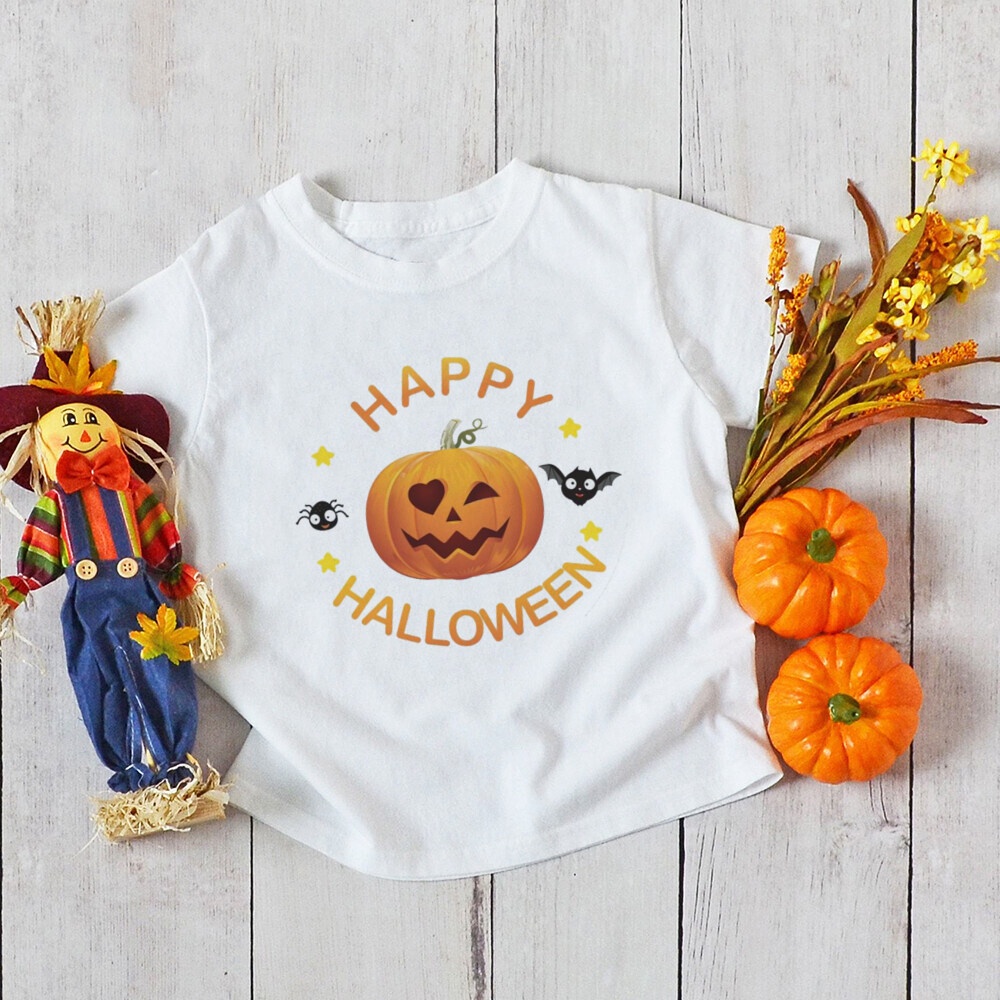 Halloween Bé Trai Bé Gái Áo Thun Tay Ngắn 1-12Y Bé Trai Bé Gái Trẻ Em Halloween Bí Ngô Áo Thun Cổ Tròn Mềm Mại Áo Thun Trẻ Em