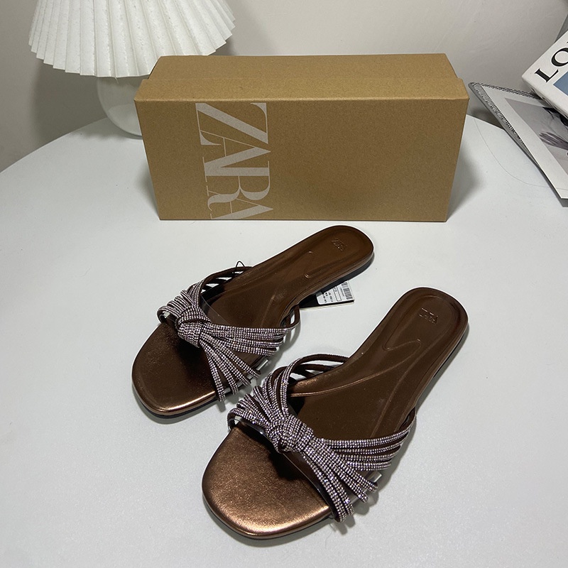 Xăng đan Zara Đế Bệt Một Dây Đính Đá Kim Loại PVC Thời Trang Mùa Hè Cho Nữ