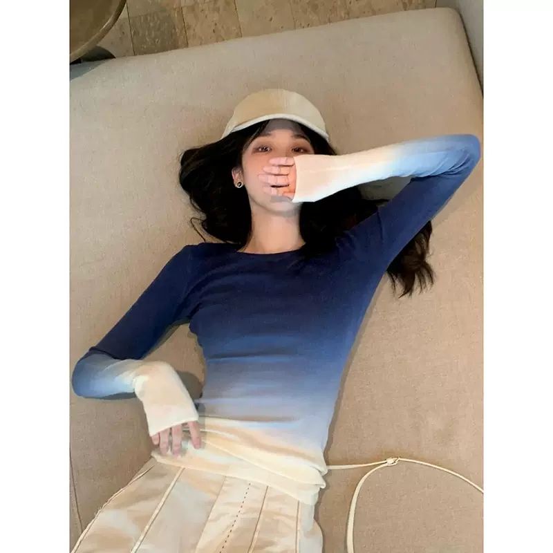 Plus Áo Thun Dài Tay Màu gradient Xanh Thời Trang Mùa Xuân Cho Nữ