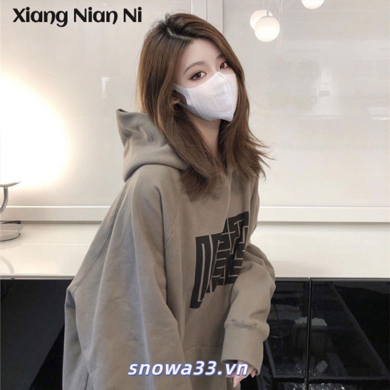 Áo hoodie XIANG NIAN NI dáng rộng in hình phong cách Hàn Quốc cổ điển thu đông mới dành cho bạn nữ