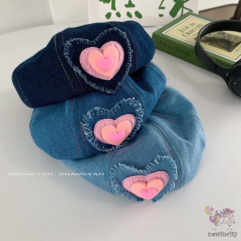 Trẻ em hàn quốc cô gái ngọt ngào mát mẻ tình yêu thiết kế trái tim mũ nồi denim ins style mũ