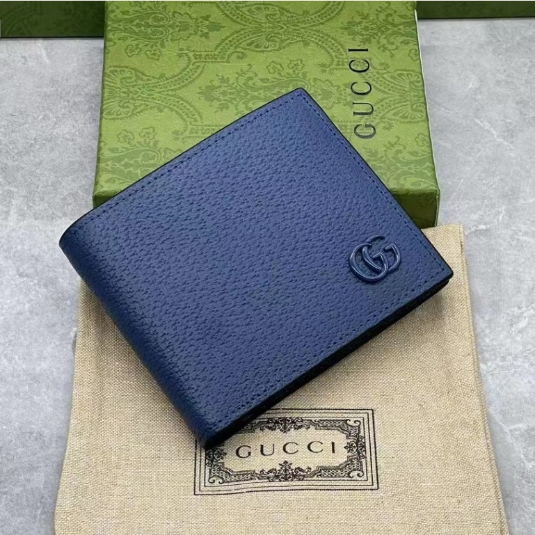 Hộp quà tặng kèm hộp quà tặng ví nam gucci chính hãng 100%, ví ngắn da thật màu xanh lam mới kích thước: 11-9cm