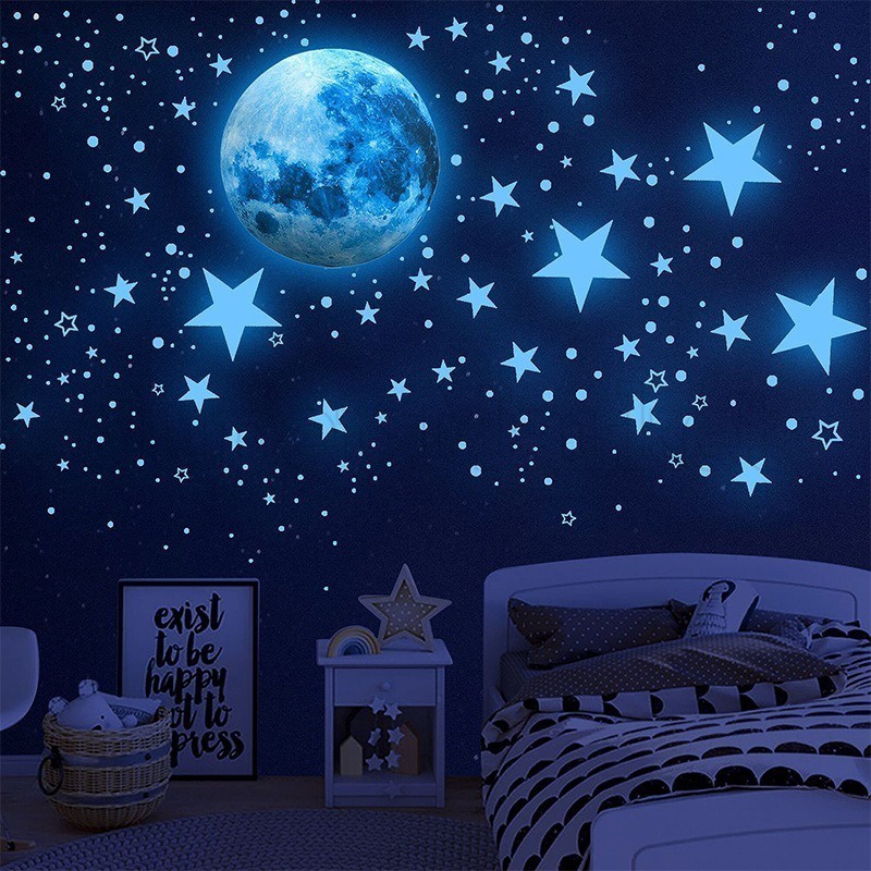 blue light moon wall decal / glow in the dark wallpaper / diy self-adhesive wall stickers / luminous moon butterfly bat stickers / đề can phòng khách phòng ngủ cho trẻ em