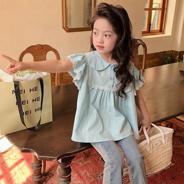 2023 áo sơ mi trẻ em mới mùa hè baby doll collar girls 'top french sweet