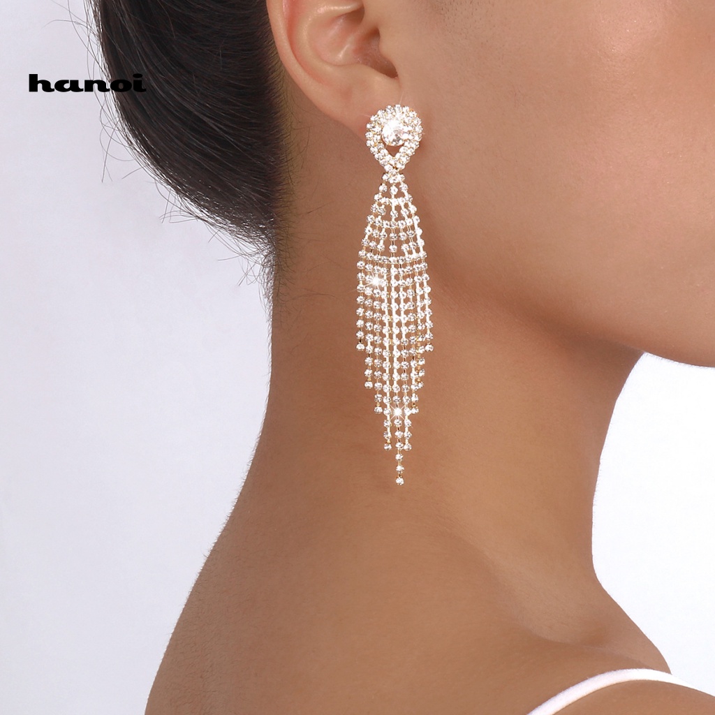Han_ bông tai rhinestone tua rua tinh tế phong cách giọt nước lạnh cho các quý cô quyến rũ hoàn hảo cho mọi dịp