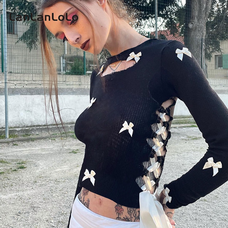 Áo thun croptop LanLanLoLo mỏng cổ tròn dài tay viền suông đính nơ phối rỗng màu trơn thời trang 2023 cho nữ
