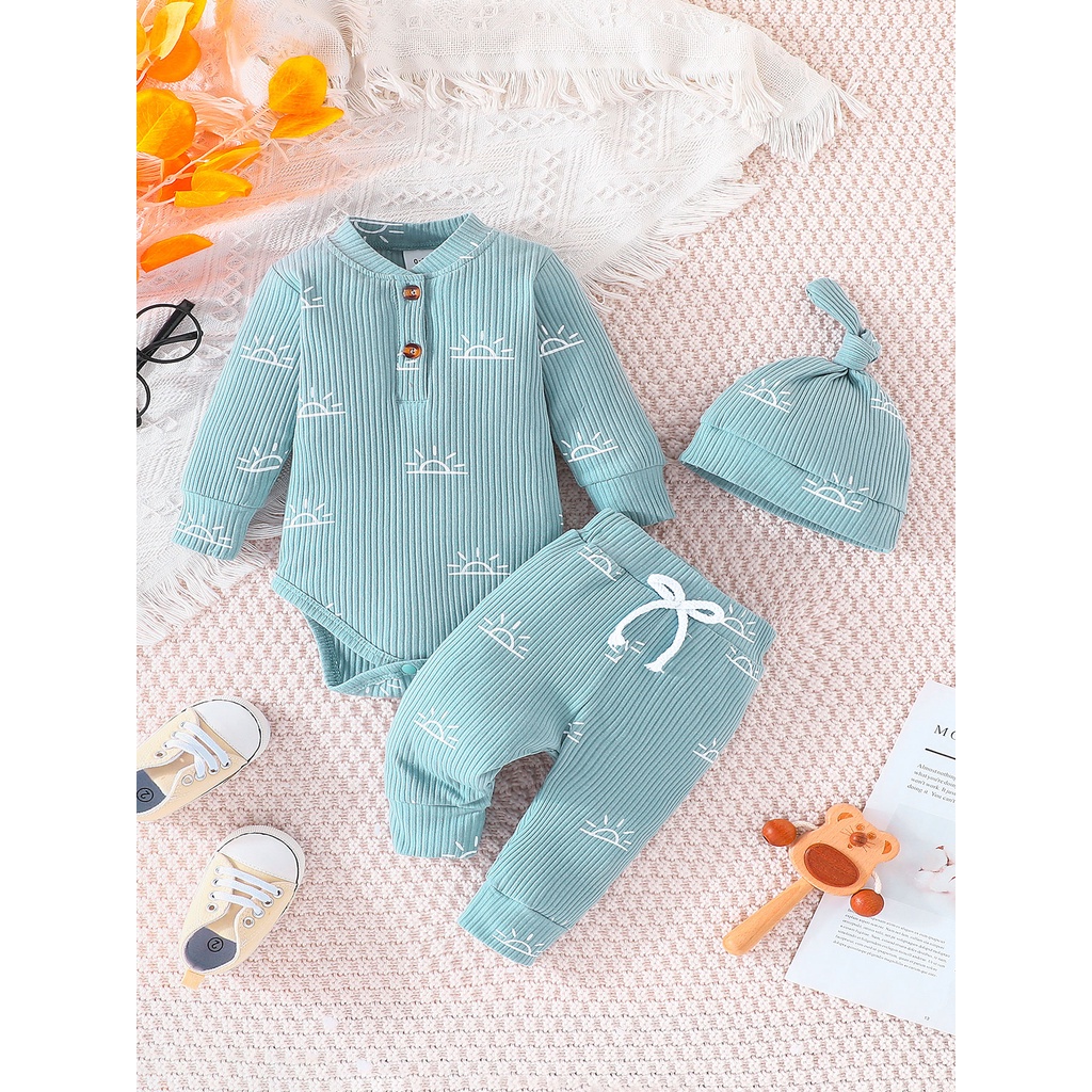 Combo bộ đồ bé Trai Gái 0-18 tháng dài tay in hình mặt trời bodysuit liền thân quần dài có mũ set thời trang cho bé trẻ em sơ sinh
