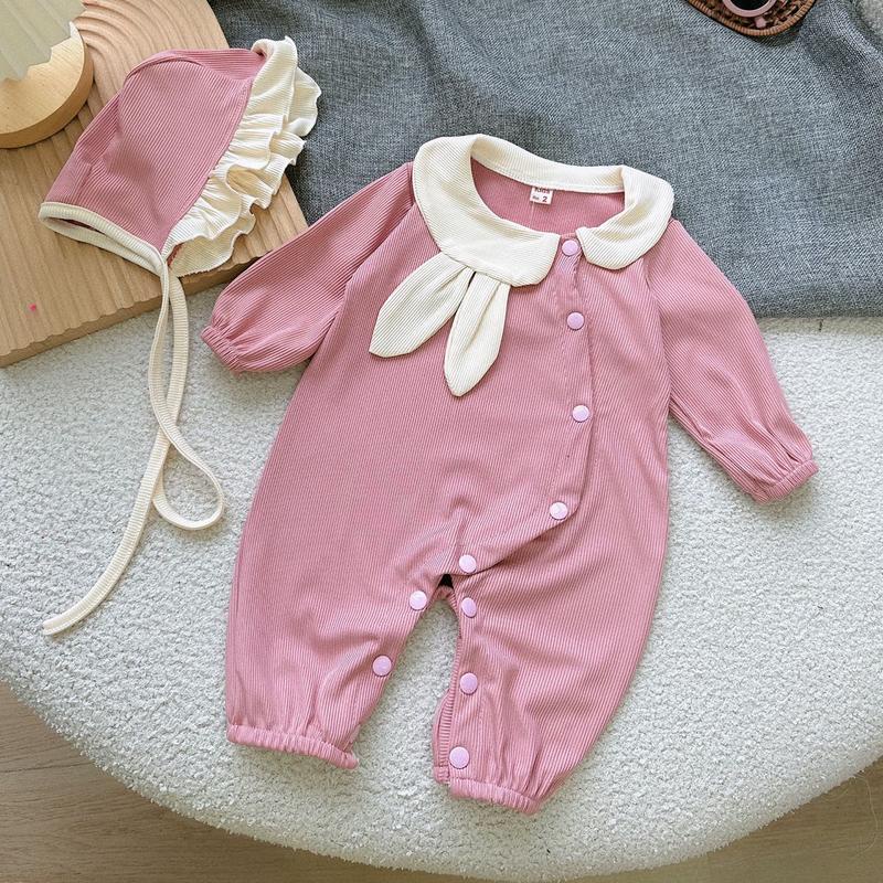 Body liền quần cổ tai thỏ chất tăm lạnh kèm mũ cho bé gái sơ sinh đầy tháng, thôi nôi