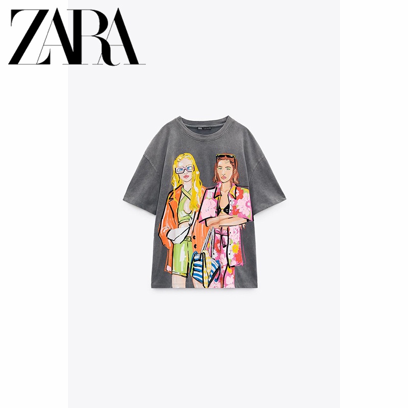 Zara new women's clothing girls printed washed short-sleeved t-shirt