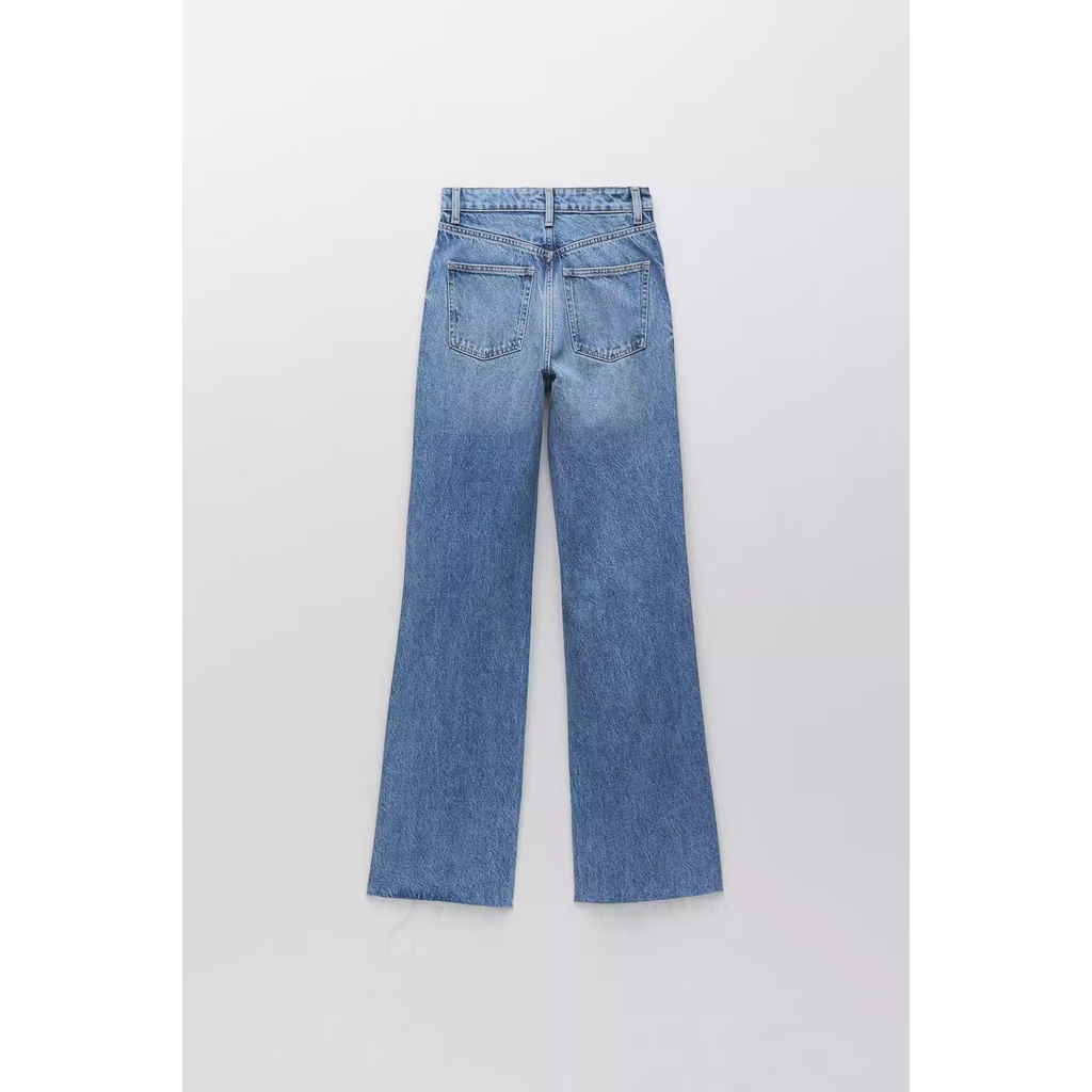 Zara mùa hè phong cách mới mảnh mai hơn nhìn thẳng lưng cao quần jean rách trang trí chân rộng06045227407