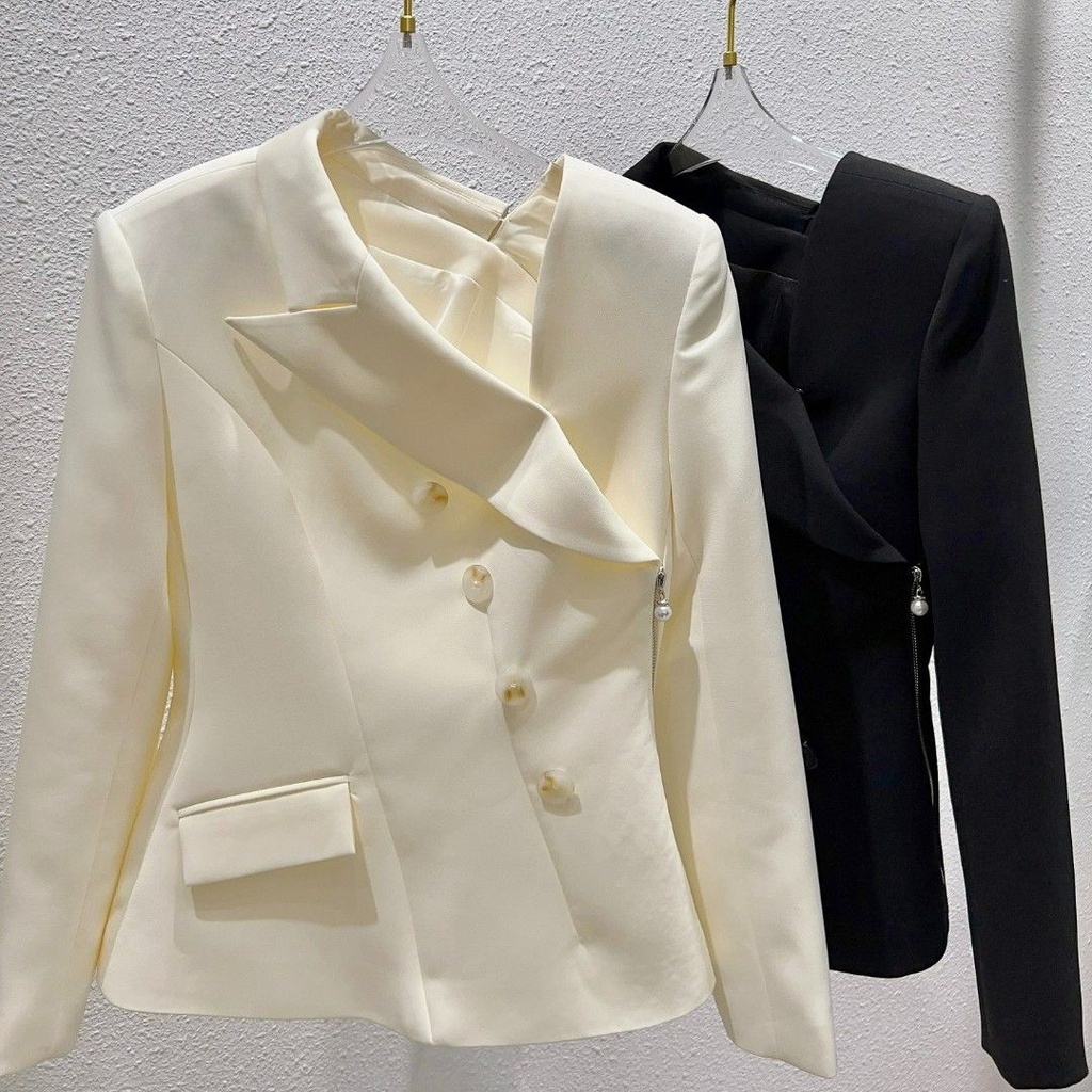 Áo khoác vest phối khóa kéo bên hông thiết kế sang trọng thời trang mới mùa xuân phong cách Herbon kiểu Pháp cho nữ