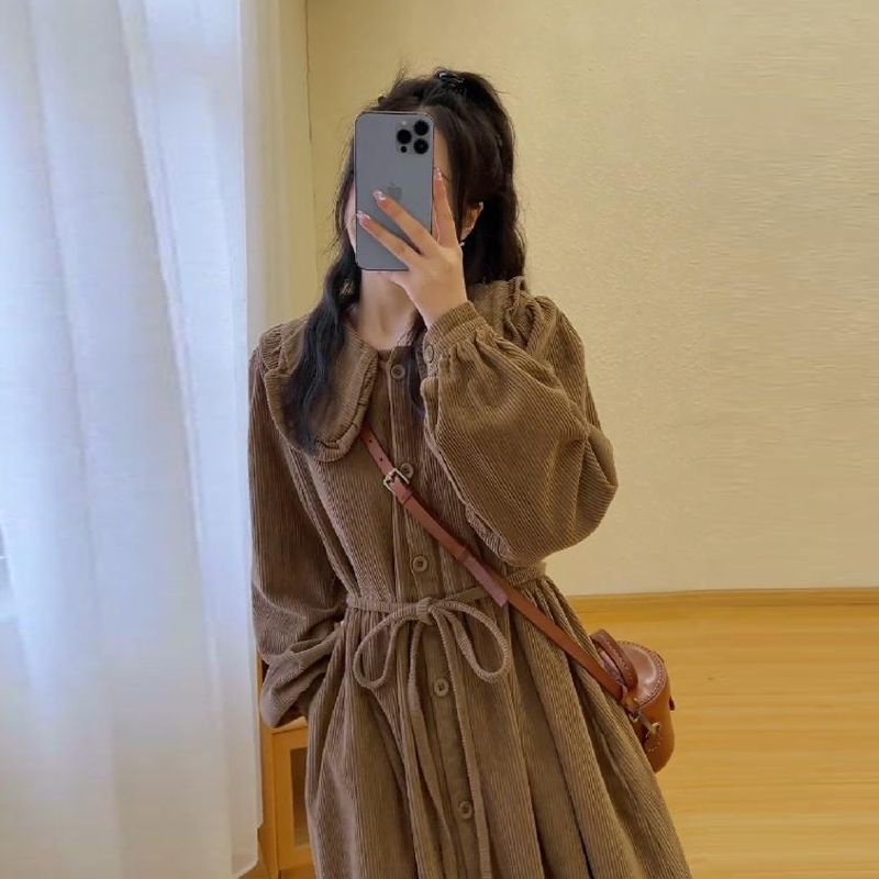 Đầm Tay Dài Cổ Búp Bê Phong Cách mori Hàn Quốc Dáng Rộng Lưng Hẹp Cho Nữ @ -