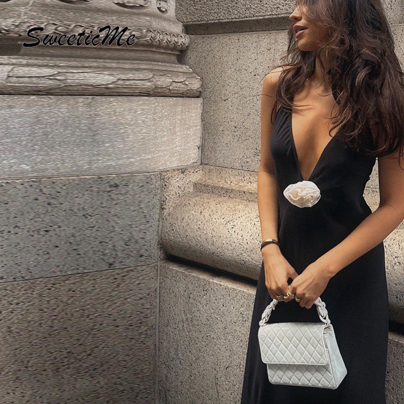 Sweeticme women's 2023 new fashion flower deep v-neck sexy backless slim fit prom long dress