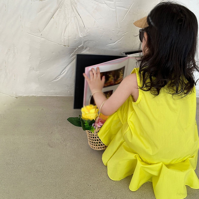 Trẻ em hàn quốc cô gái không tay màu rắn hem ruffled design dress