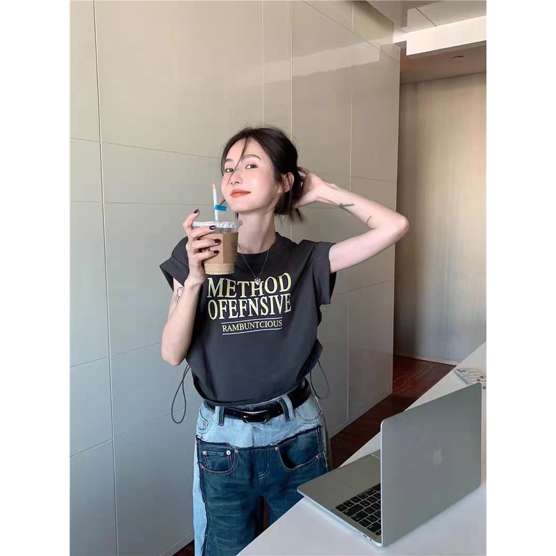 GgFashion Áo Thun Nữ Cổ Tròn In Hoa Văn, Tay Ngắn, Phong Cách Cổ Điển Và Thoải Mái, Dây Rút Phía Bên