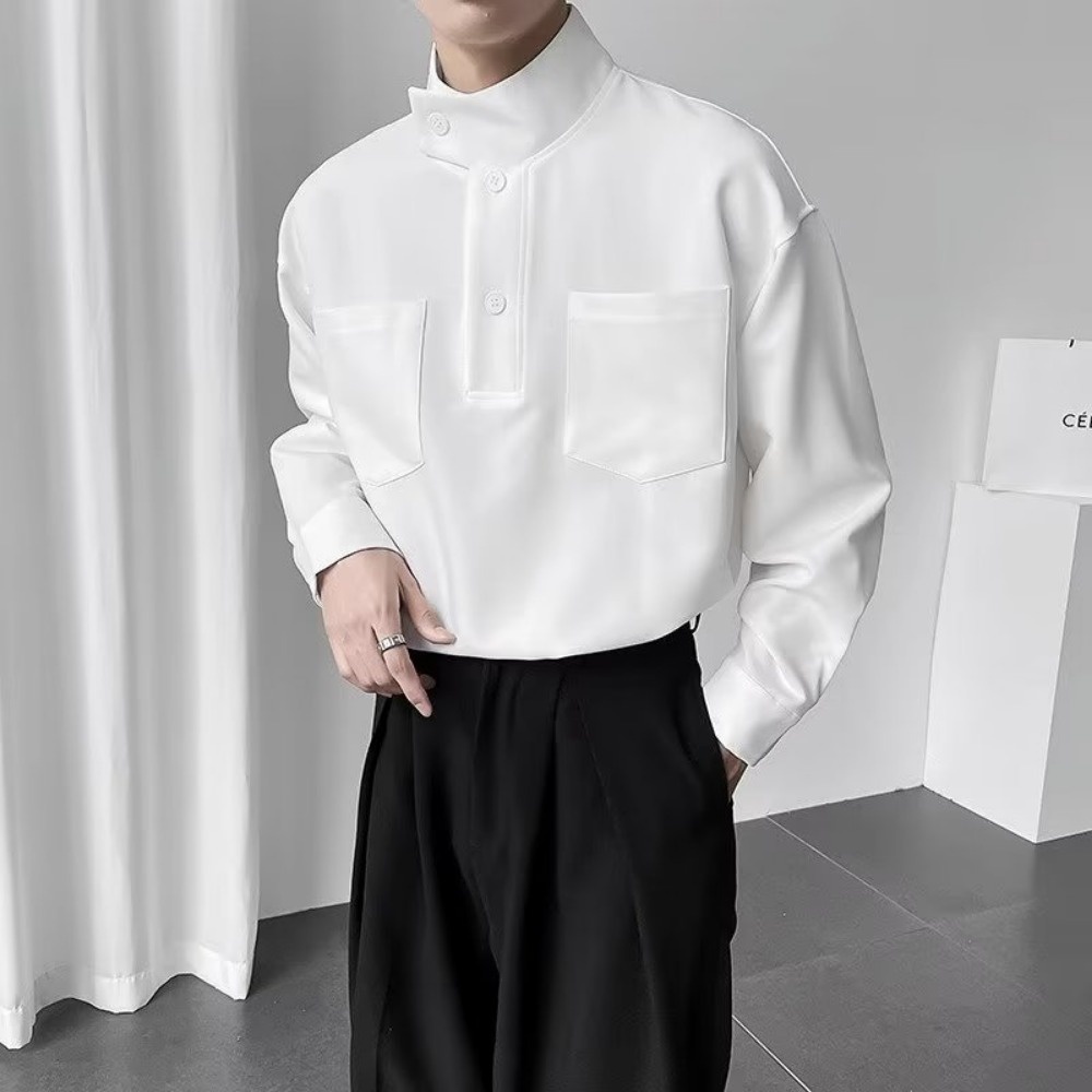 High-end feeling ins stand-up collar áo sơ mi trắng rộng rãi nam dài tay phiên bản hàn quốc niche áo pull màu rắn