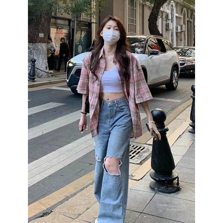 Áo Sơ Mi Tay Ngắn Dáng Rộng Họa Tiết Caro Thời Trang Mùa Hè Cho Nữ