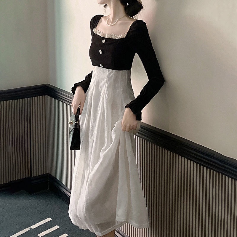 [F &amp; X] Đầm Ren Tay Dài Phong Cách Hepburn Cao Cấp Mùa Thu Sang Trọng Phong Cách Pháp Cổ Điển Cho Nữ