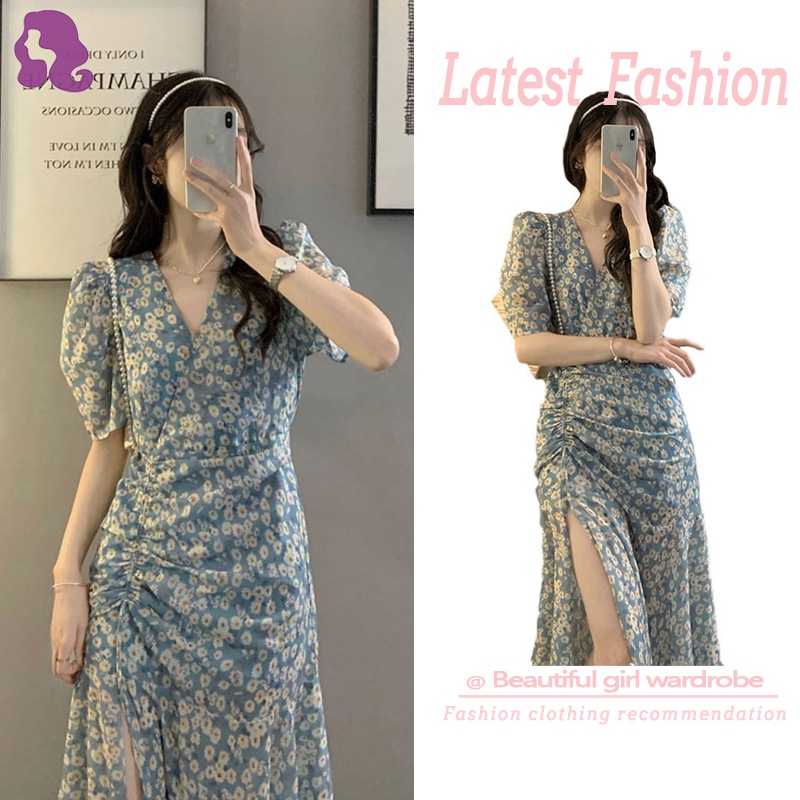 Đầm Dài Xẻ Tà Họa Tiết Hoa Phong Cách Pháp Cổ Điển Thời Trang Mùa Hè Cho Nữ