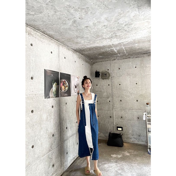 Đầm Yếm Denim Dáng Dài Không Tay Màu Sắc Tương Phản Phong Cách Hàn Quốc Thời Trang Mùa Thu 2021 Cho Nữ