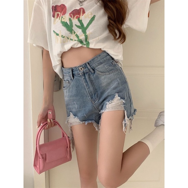 「 WELOVE1 」Quần Short Jean Lưng Cao Màu Xanh Dương Phong Cách Retro Thời Trang Mùa Hè Dành Cho Nữ
