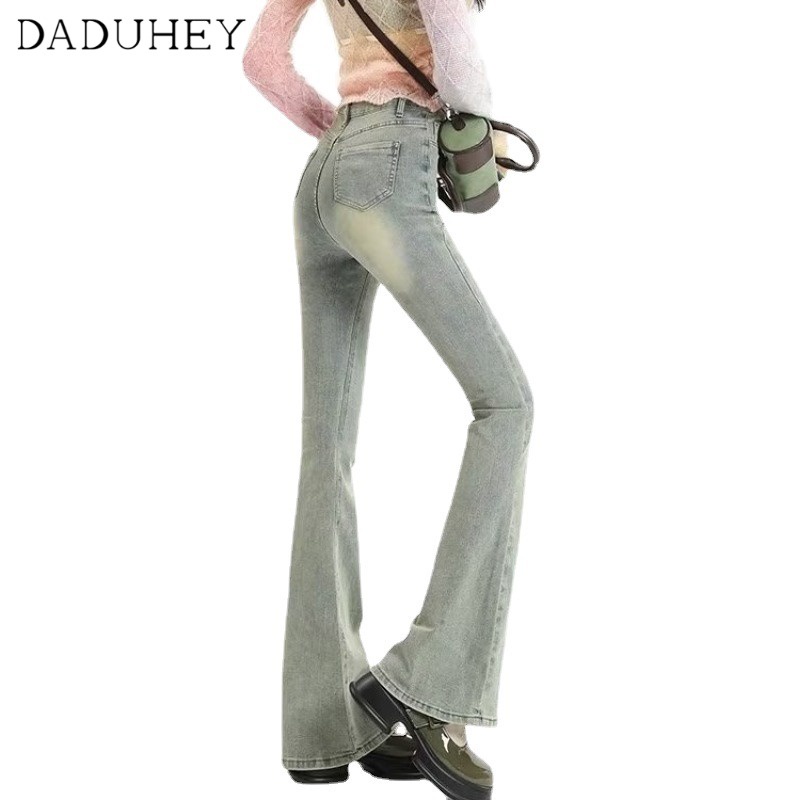 DaDuHey New American Style Retro Yellow Mud Jeans Women's High Waist Elastic Flared Pants Large Size Trousers