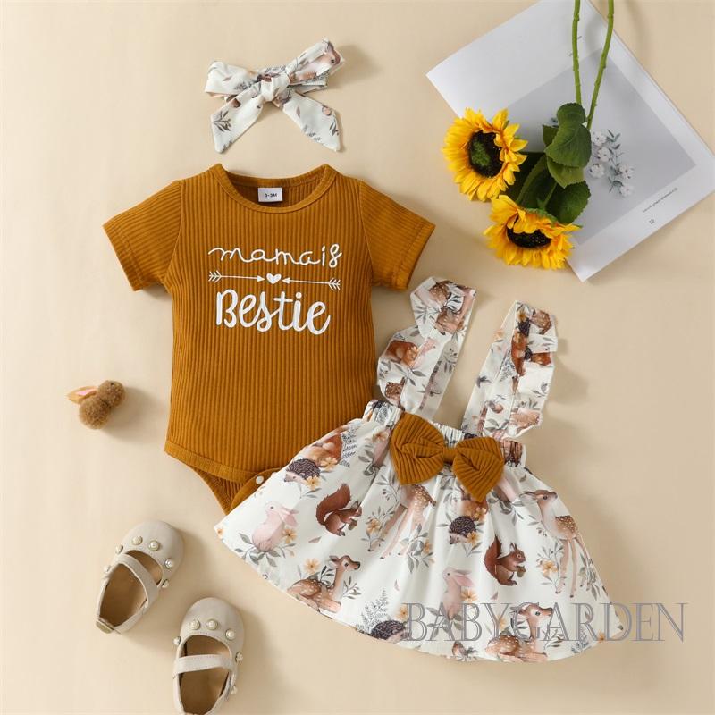 Bộ Áo Liền Quần Ngắn Tay In Chữ + Chân Váy Yếm + Băng Đô In Họa Tiết Động Vật Dễ Thương Cho Bé Gái 0-18 Tháng Tuổi