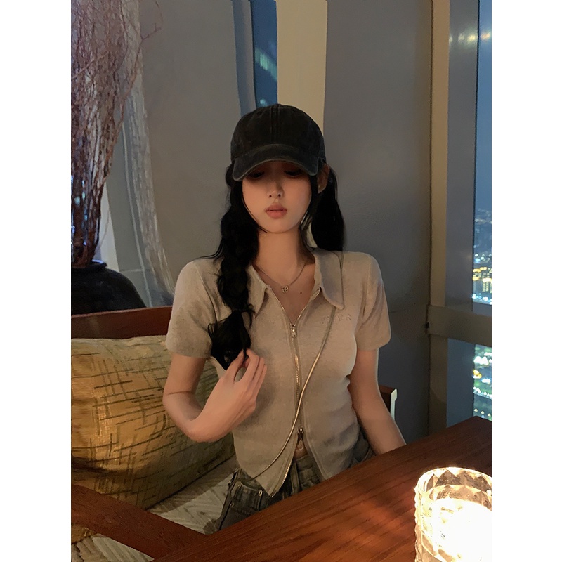 Áo Thun Xám Tay Ngắn Phối Khóa Kéo Đôi Thời Trang Mùa Hè Cho Nữ Gor22