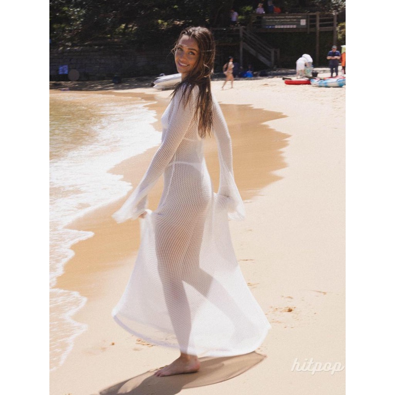 Áo Dệt Kim Tay Dài Cổ Tròn Màu Trơn Thời Trang Đi Biển Mùa Hè Cho Nữ