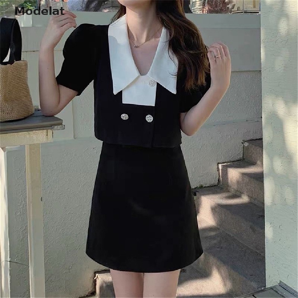 Mfc Set Áo Sơ Mi Tay Phồng + Chân Váy Dài Màu Đen Phong Cách Pháp Thanh Lịch Dành Cho Nữ