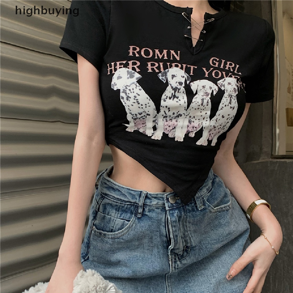 Áo Thun Lửng Ngắn Tay Cổ Chữ V In Họa Tiết Hoạt Hình Phong Cách Retro Dành Cho Nữ