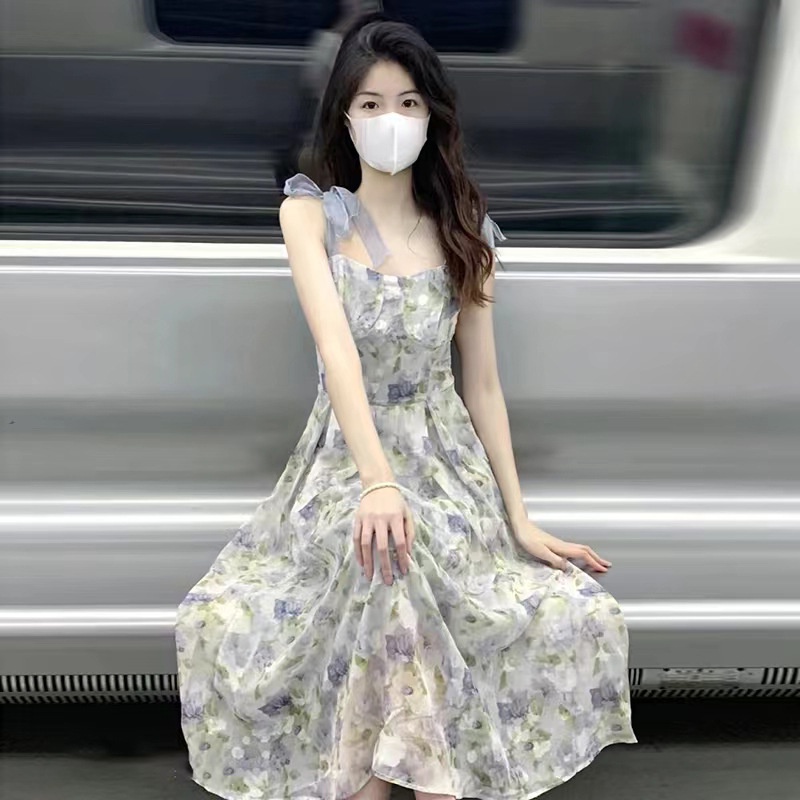 Hàng Có Sẵn Đầm Dài Ôm Eo Mỏng In Họa Tiết Tranh Sơn Dầu Phong Cách Pháp Cho Nữ