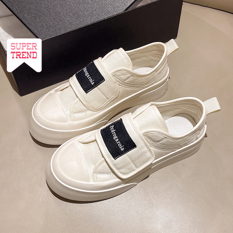 Giày Sneaker Mũi Tròn Đế Dày Màu Trơn Quai Dán Thoải Mái Thời Trang