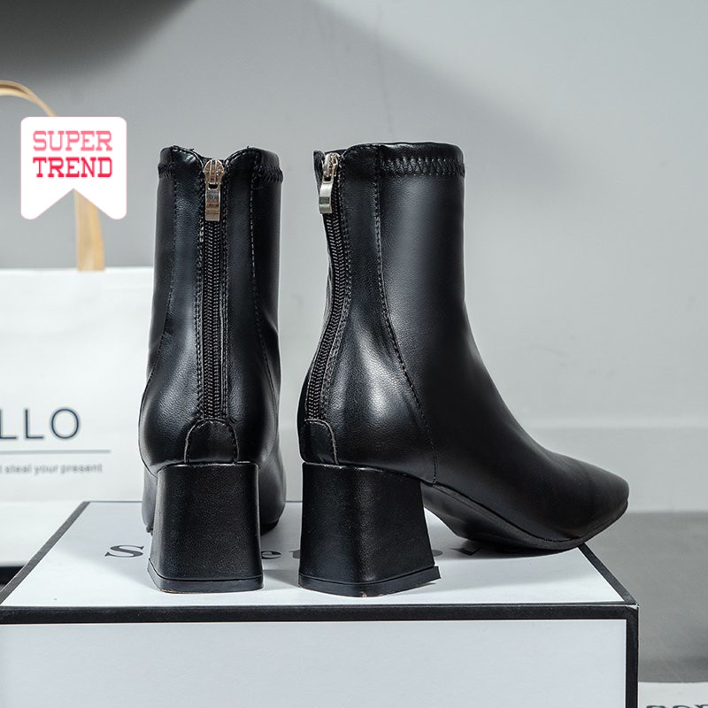 Giày Bốt Da Pu Gót Vừa Phối Khóa Kéo Phía Sau Cá Tính