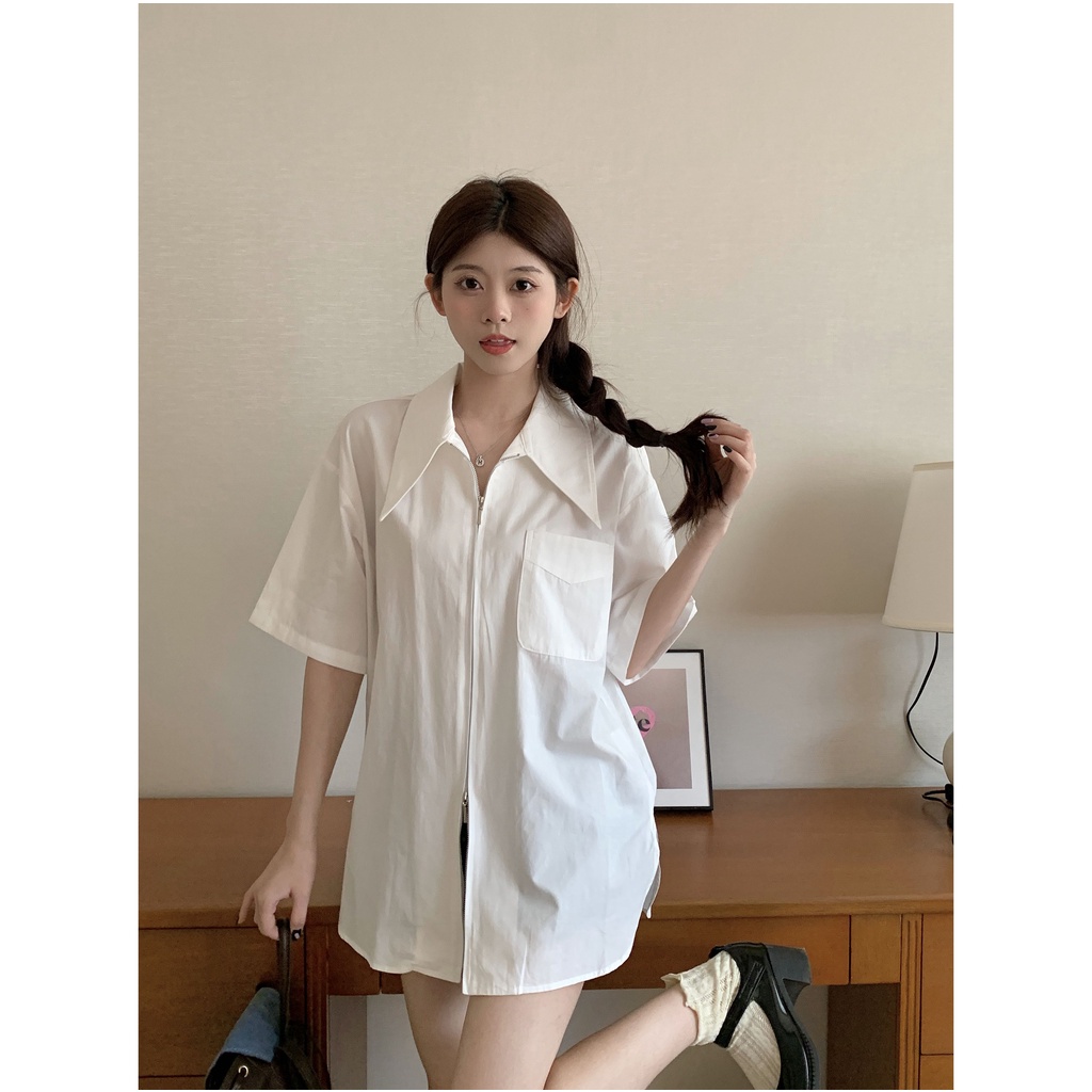 Áo Kiểu Tay Ngắn Cổ Tròn Có Khóa Kéo Phong Cách Hàn Quốc Thời Trang Mùa Hè Cho Nữ