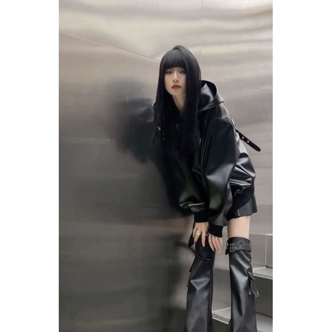 Áo Hoodie Da Pu Dáng Rộng Phong Cách Mỹ Thời Trang Xuân Thu 2023