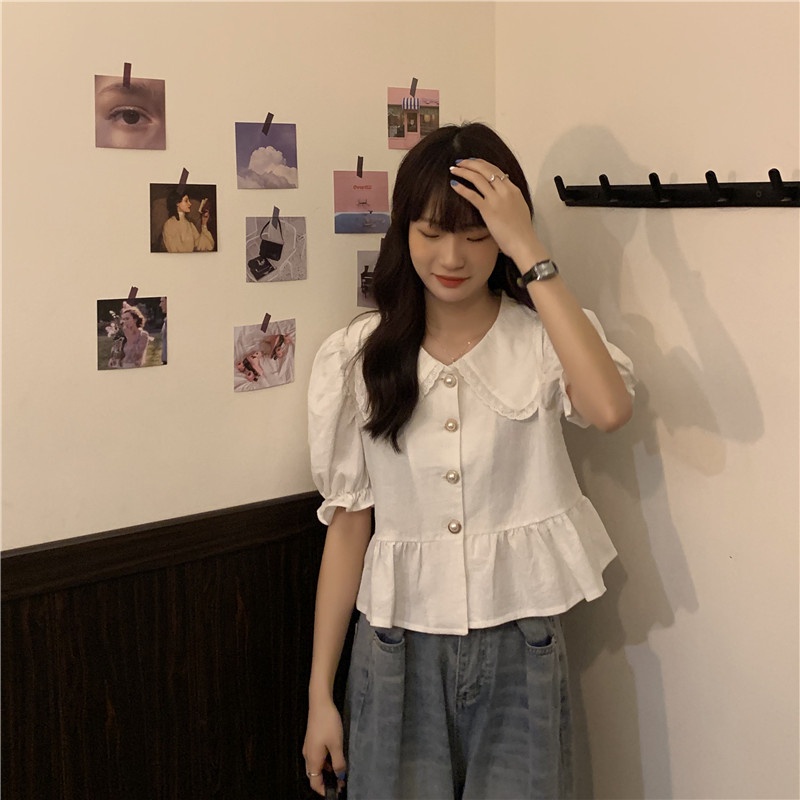 IELGY Áo Sơ Mi Tay Phồng Cổ Búp Bê Form Rộng Phong Cách Pháp Ngọt Ngào