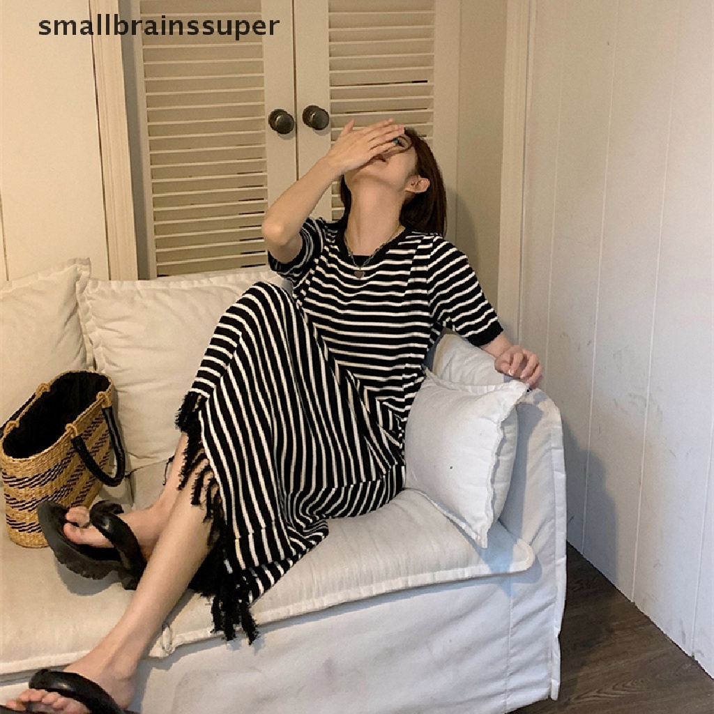 Đầm Midi Tay Ngắn Họa Tiết Sọc Đơn Giản Thời Trang Mùa Hè Cho Nữ