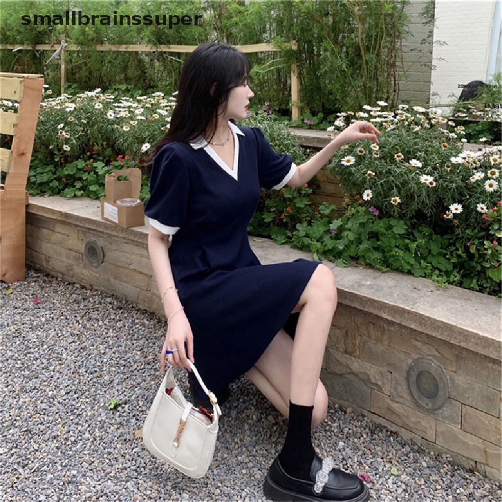 Đầm Chữ A Tay Ngắn Cổ Chữ V Phối Màu Ngọt Ngào Phong Cách Hàn Quốc Thời Trang Cho Nữ