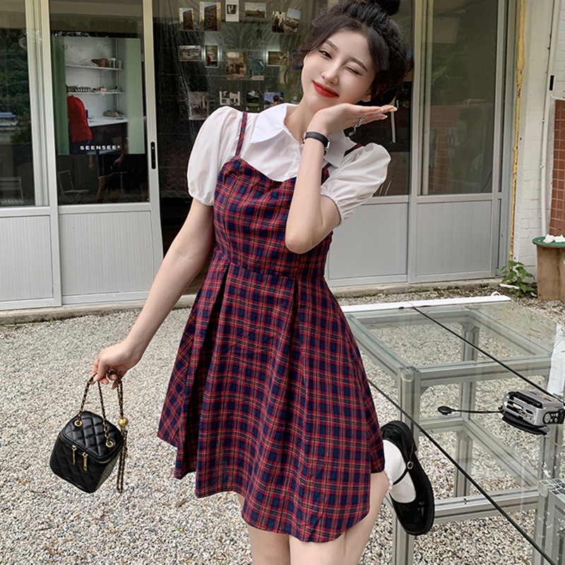 IELGY   Đầm Tay Phồng Lưng Cao Thời Trang Hàn Quốc Dành Cho Nữ