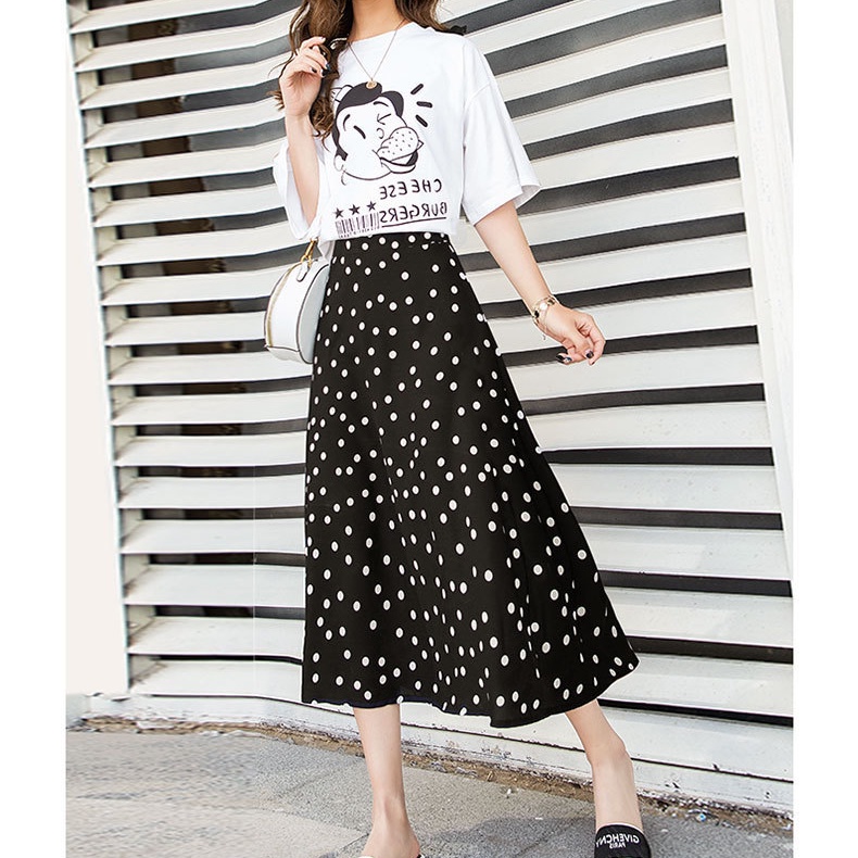 Chân Váy chiffon Chữ a Lưng Cao Dáng Dài Phối Khóa Kéo Họa Tiết Chấm Bi Màu Đen Tương Phản