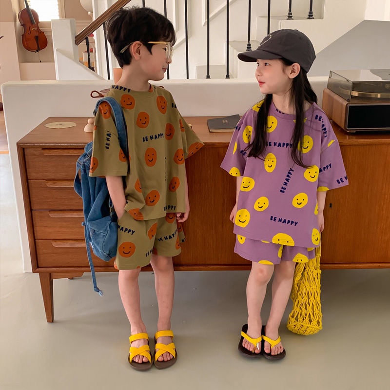 Set Áo Thun Ngắn Tay In Hình Mặt Cười Hoạt Hình Và Quần Short Thời Trang Mùa Hè Phong Cách Hàn Quốc Cho Bé