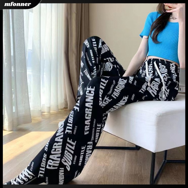 Quần Dài Lưng Cao Ống Rộng Dây Rút In Họa Tiết Thời Trang Cho Nữ