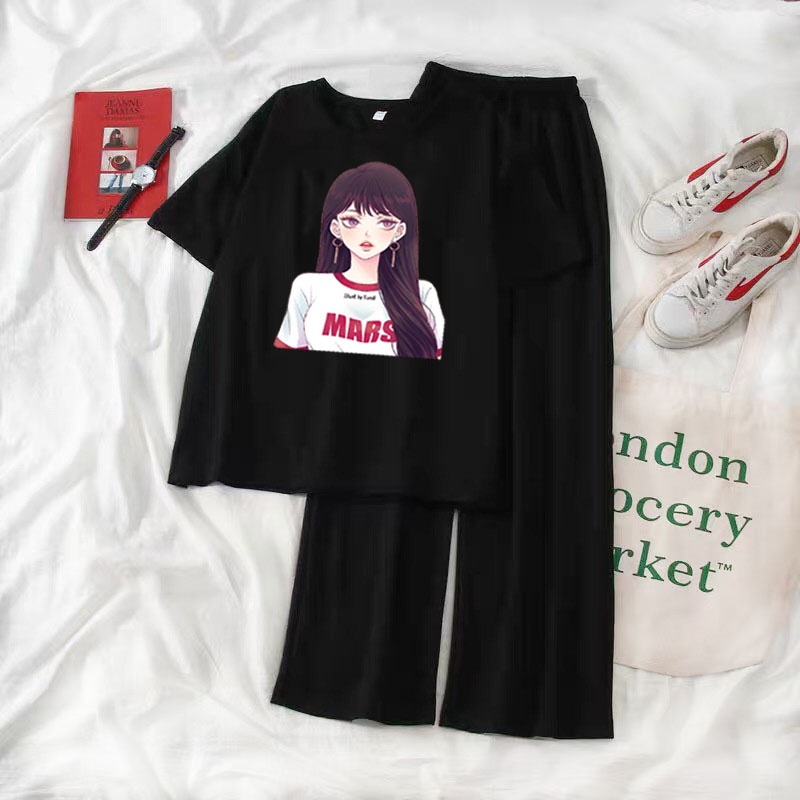 Sét áo phông Cô gái Mars + quần suông trơn, Áo thun from rộng, Chất đẹp không xù, quần suông ống rộng, Sét bộ mặc ở nhà.
