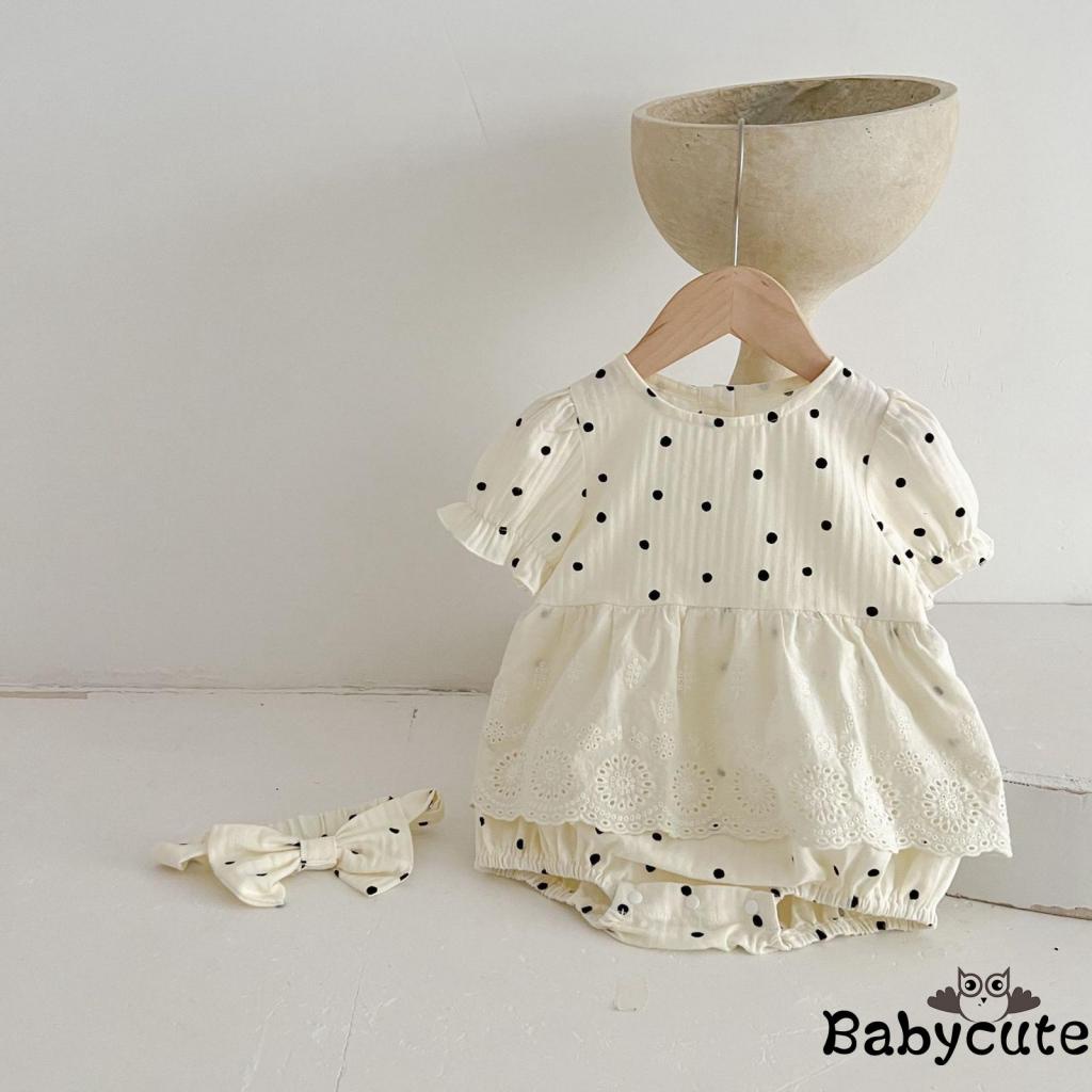 Bộ Áo Liền Quần Cổ Thuyền Tay Ngắn In Họa Tiết Chấm Bi Viền Ren + Băng Đô Cài Tóc Thời Trang Cho Bé Gái