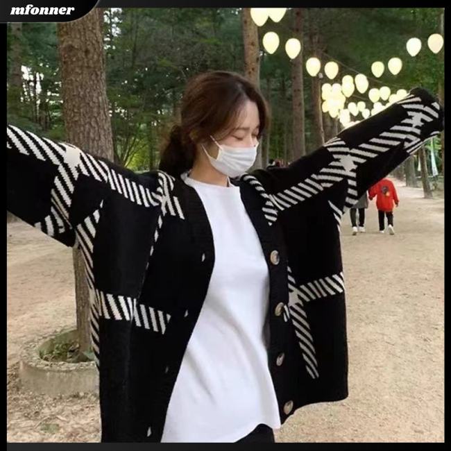Áo Khoác Cardigan Dệt Kim Tay Dài Dáng Rộng Cổ Chữ V Họa Tiết Kẻ Sọc Thời Trang Mùa Đông Cho Nữ