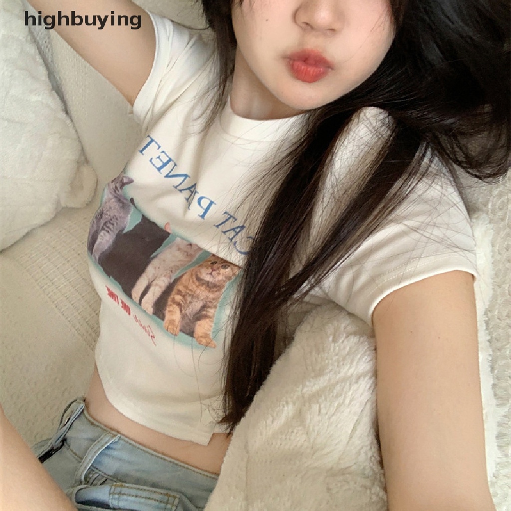 Áo Thun Lửng Ngắn Tay Cổ Tròn In Hình Mèo Belle Hoạt Hình Thời Trang Mùa Hè Cho Nữ