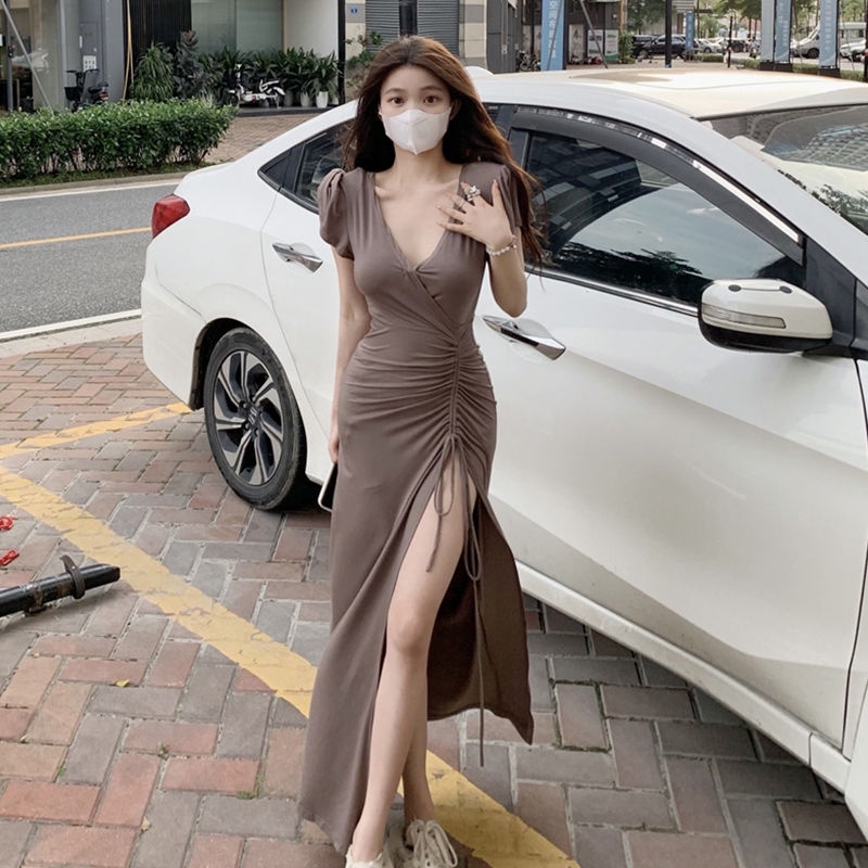 New high-cold royal sister style V-neck short-sleeved knitted dress French temperament drawstring slim long dress slimming hip sexy split long dress