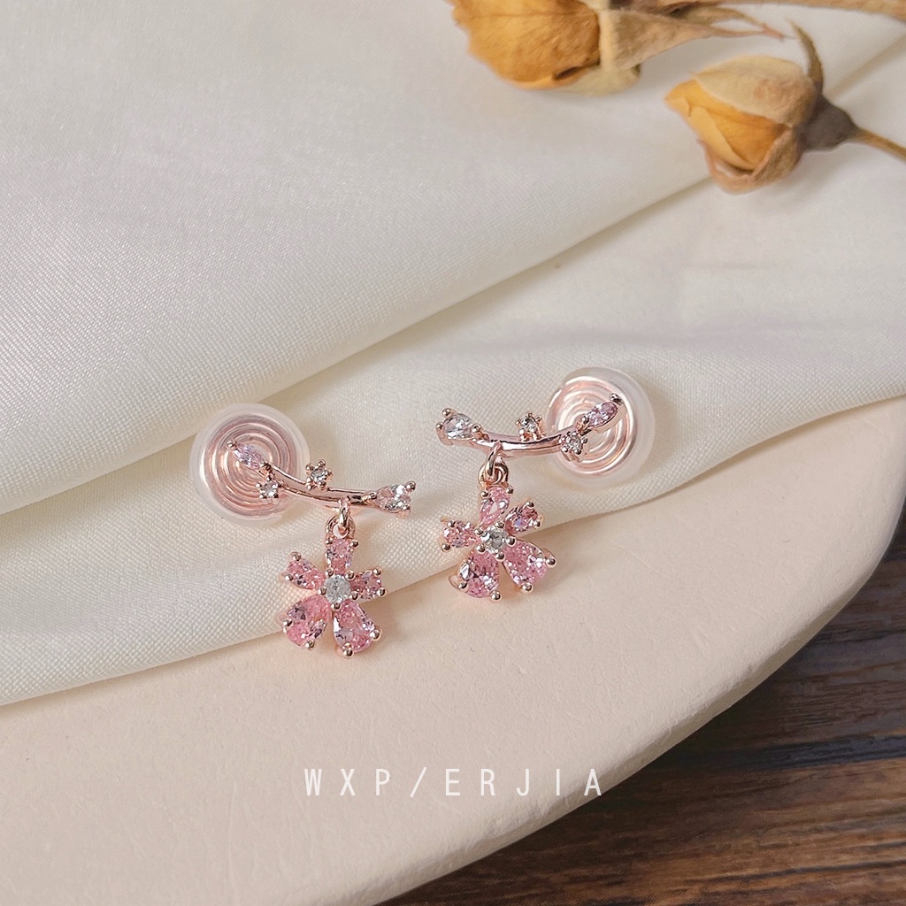 ✨ Miss Jolie✨Hàng Có Sẵn Bông Tai Dạng Kẹp Hình Hoa Đào Mạ Vàng Hồng Đính Đá Zircon Không Cần Xỏ Lỗ Tai